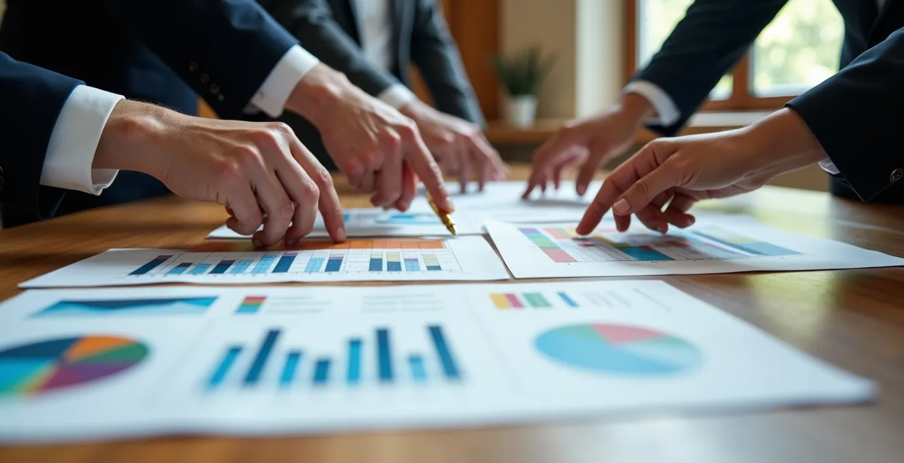 Manos ejecutivas analizando gráficos de retorno de inversión en mesa de reuniones