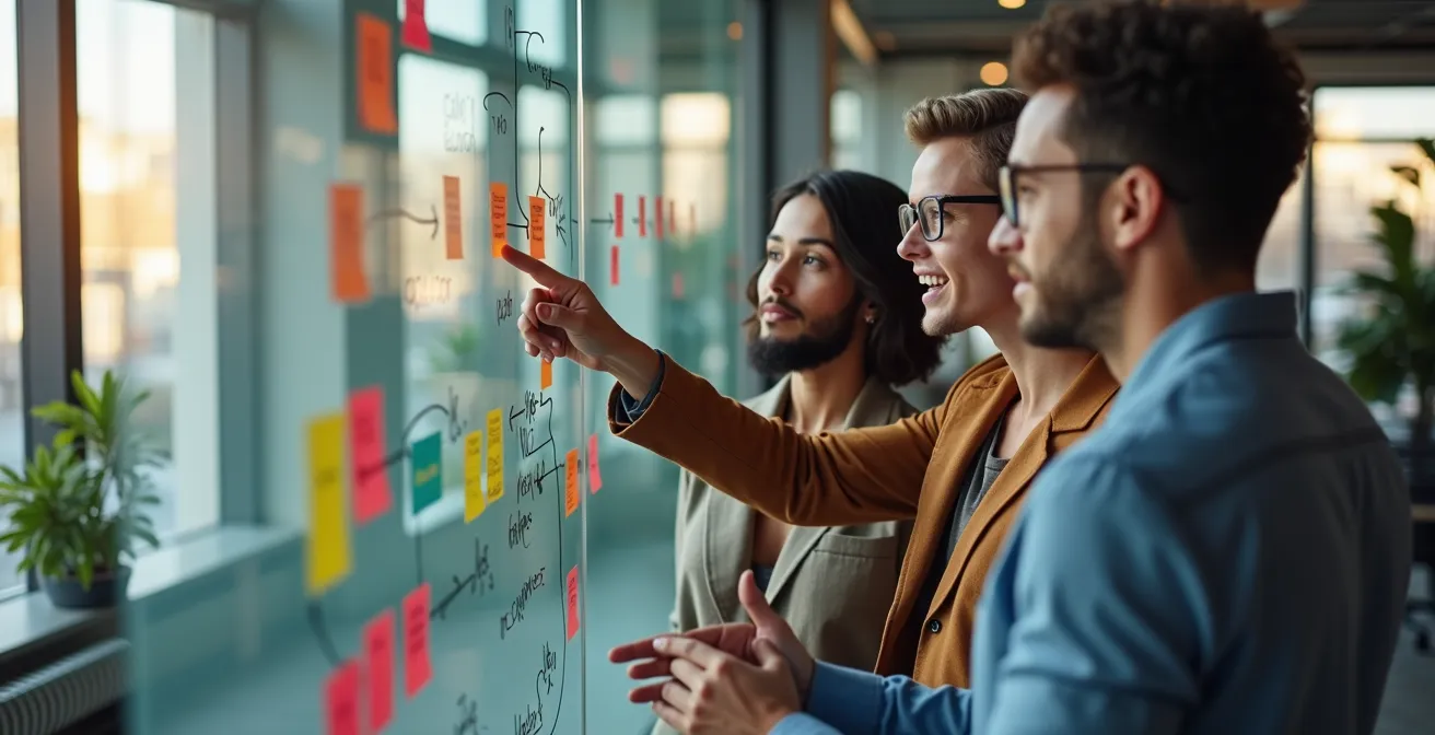 Profesionales colaborando en espacio abierto con pizarra de procesos