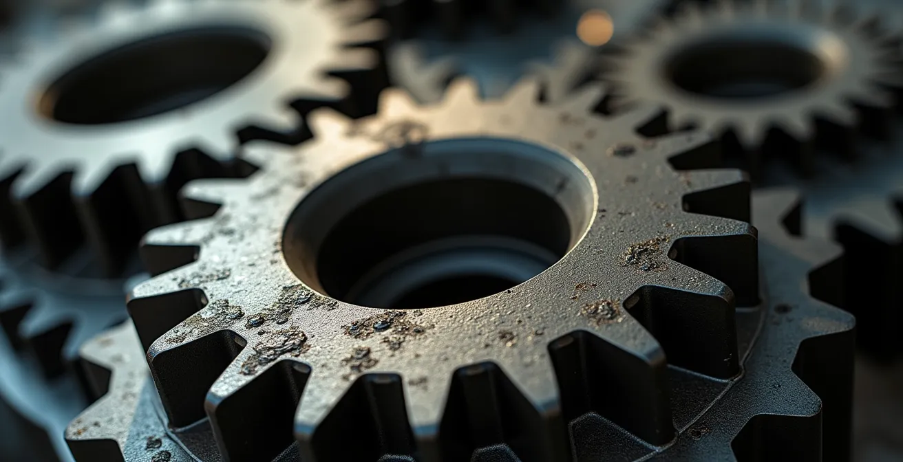 Vista macro de engranajes metálicos con uno faltante simbolizando el impacto de reducción de personal