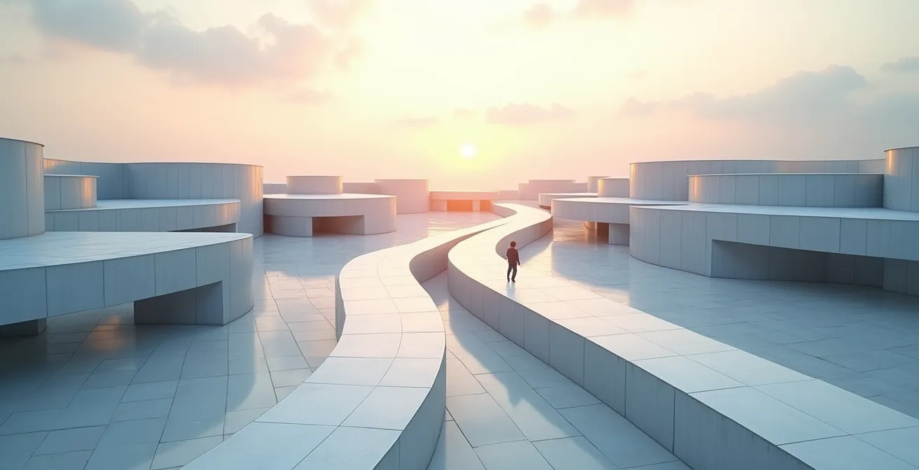 Vista aérea minimalista de caminos divergentes en paisaje empresarial abstracto