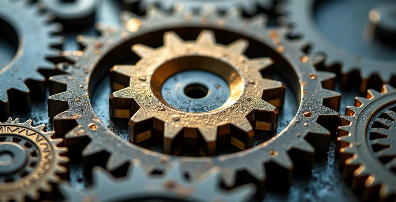Vista macro de engranajes conectados representando la alineación estratégica empresarial