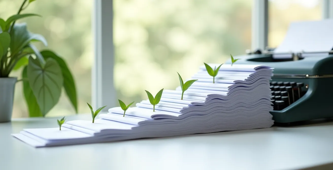 Espacio de trabajo minimalista con documentos organizados para actualización de contenido