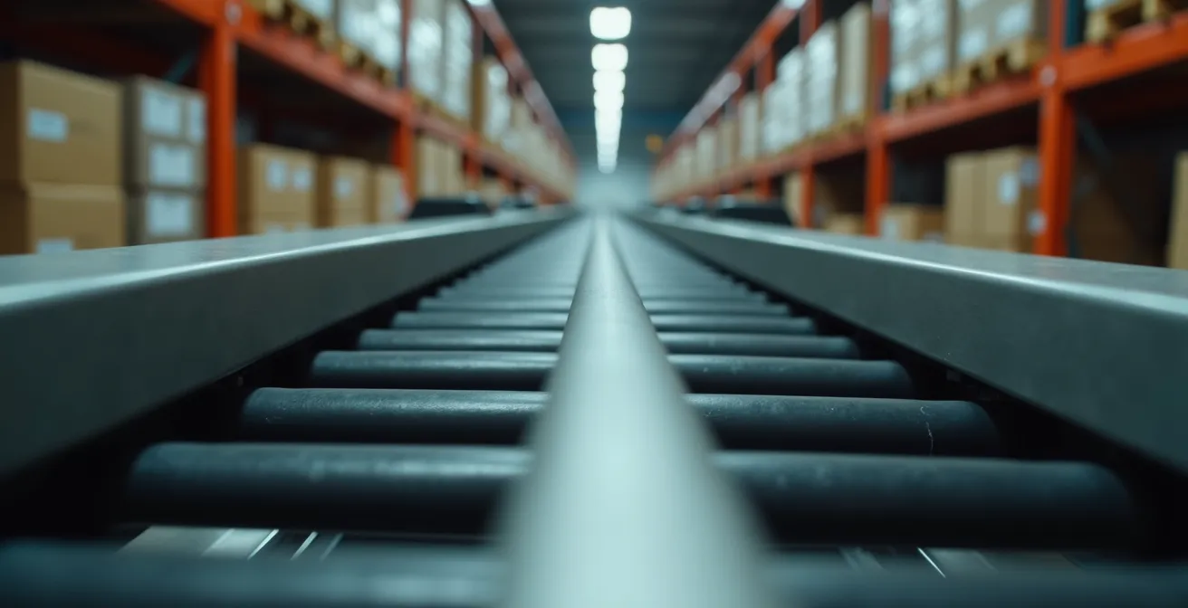 Vista macro de sistema de almacenamiento automatizado con cajas y cintas transportadoras en funcionamiento