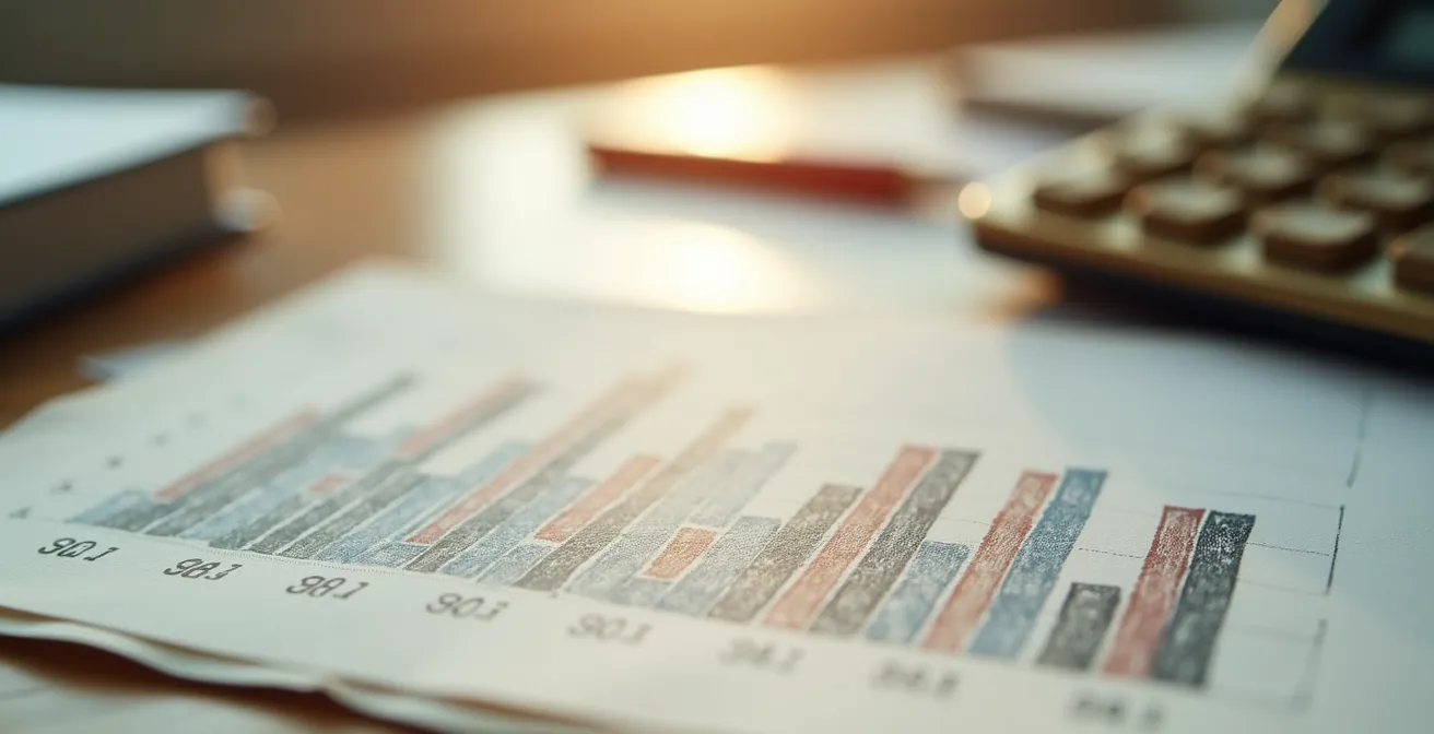 Vista macro de documentos financieros con calculadora y gráficos abstractos