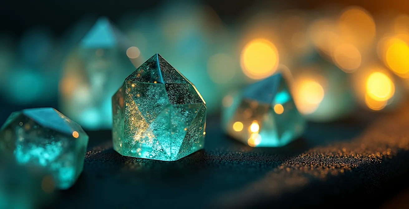 Visualización del ratio de endeudamiento empresarial mediante formas cristalinas que representan métricas financieras