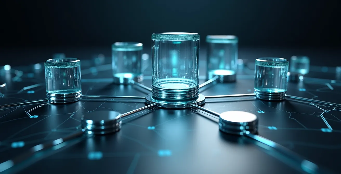 Vista abstracta de conexiones de red empresarial con elementos geométricos