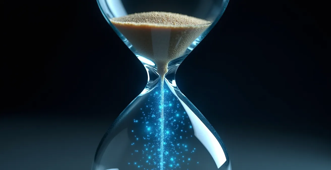 Visualización macro detallada de un reloj de arena con arena digital transformándose en datos binarios mientras fluye