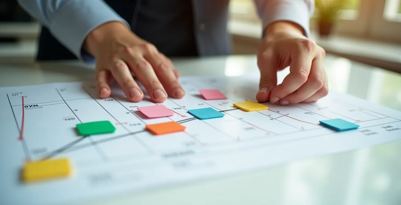 Manos organizando un calendario visual para representar la importancia de cumplir con los plazos fiscales.