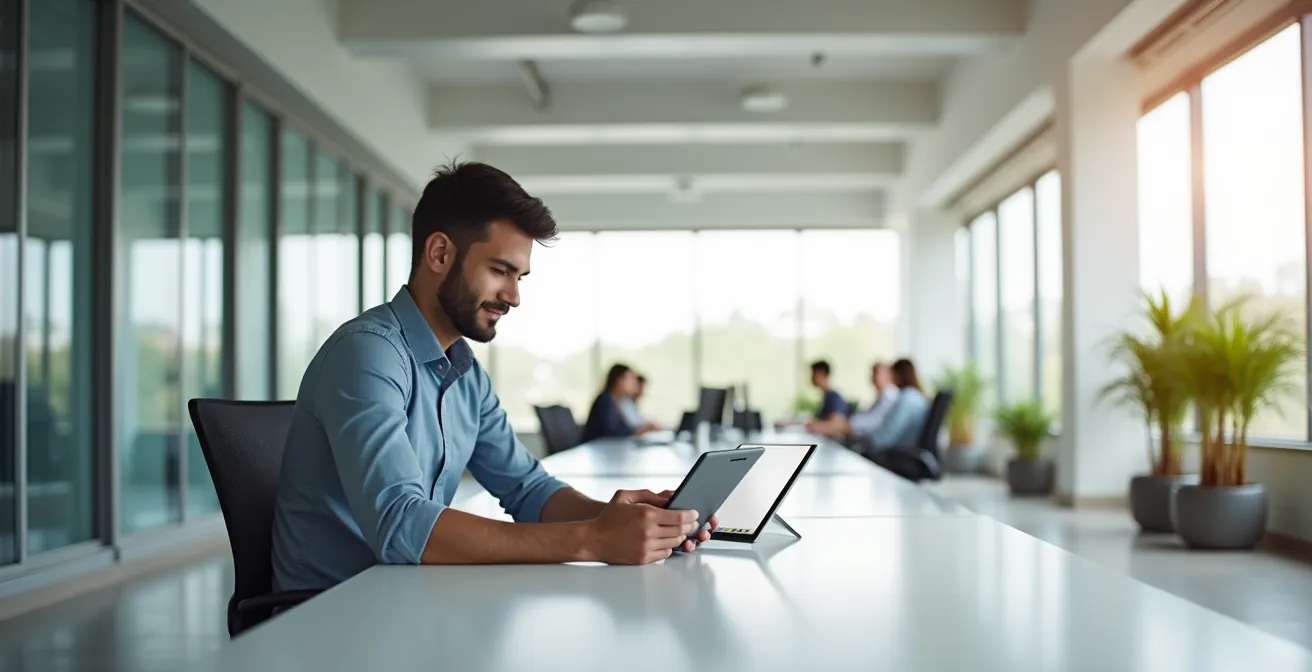 Vista panorámica de oficina moderna con profesional usando portal B2B en tablet