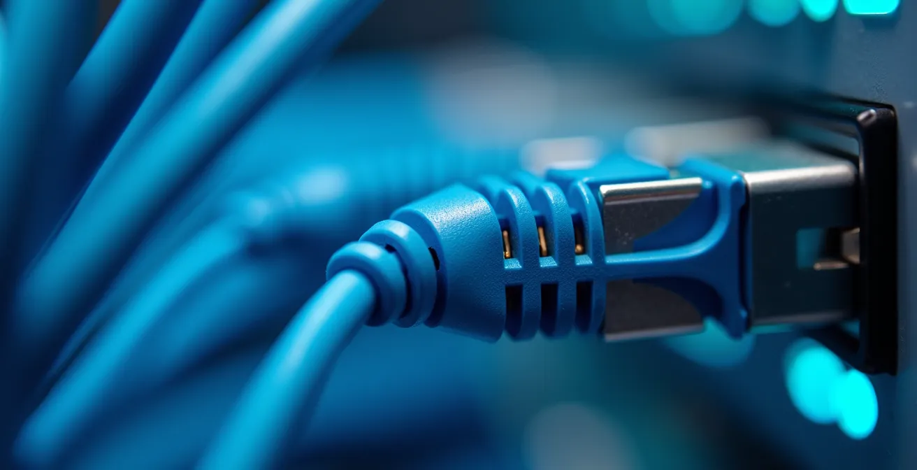 Vista macro de conectores y cables de red formando patrones geométricos abstractos
