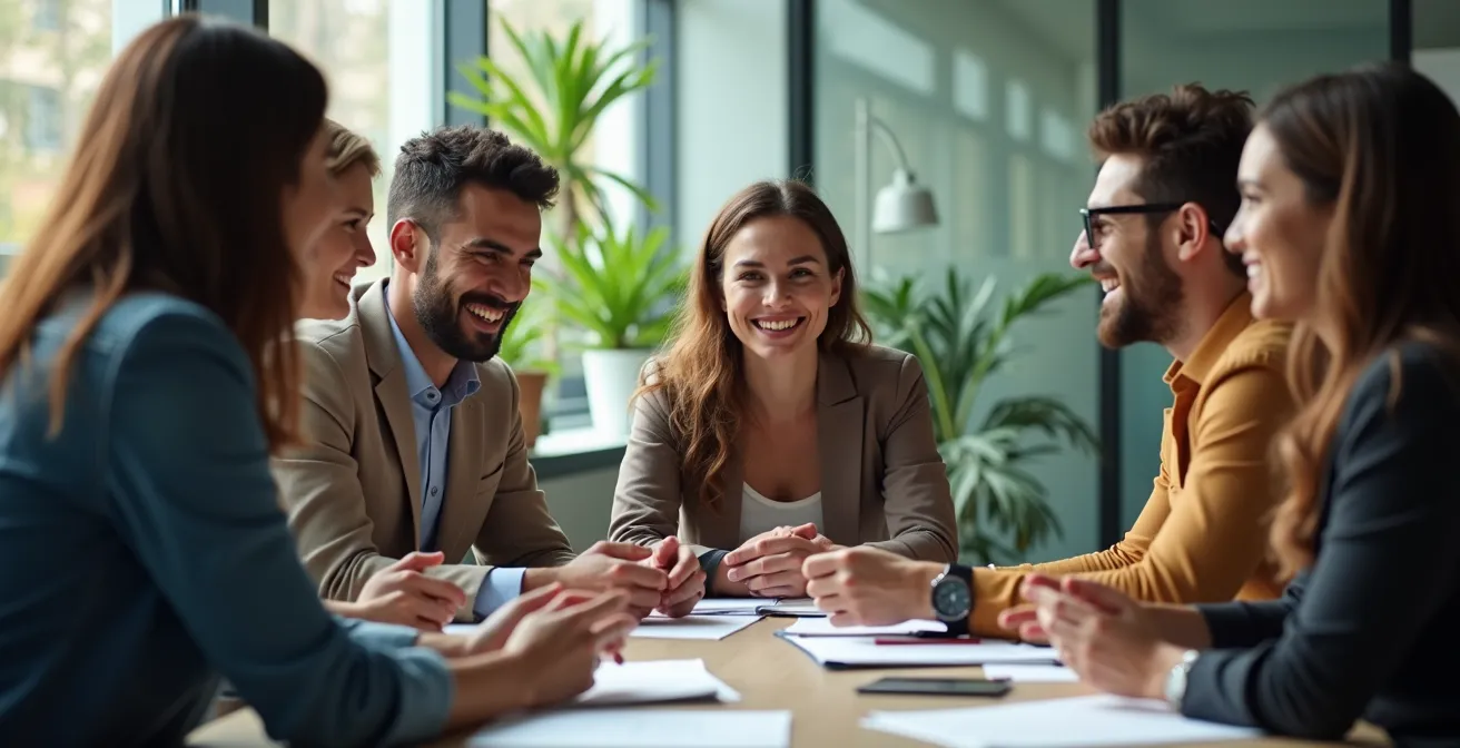 Reunión de equipo diverso en ambiente colaborativo de oficina, simbolizando una cultura de integridad