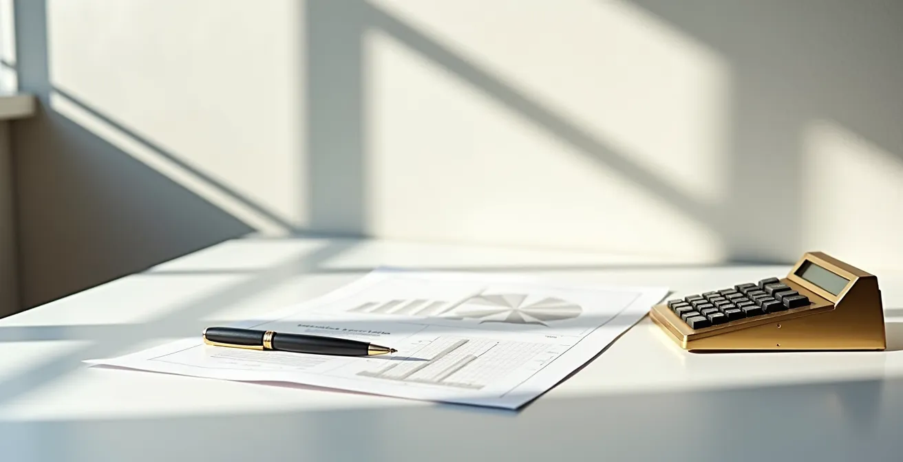 Espacio de trabajo minimalista con documentos estratégicos y calculadora vintage