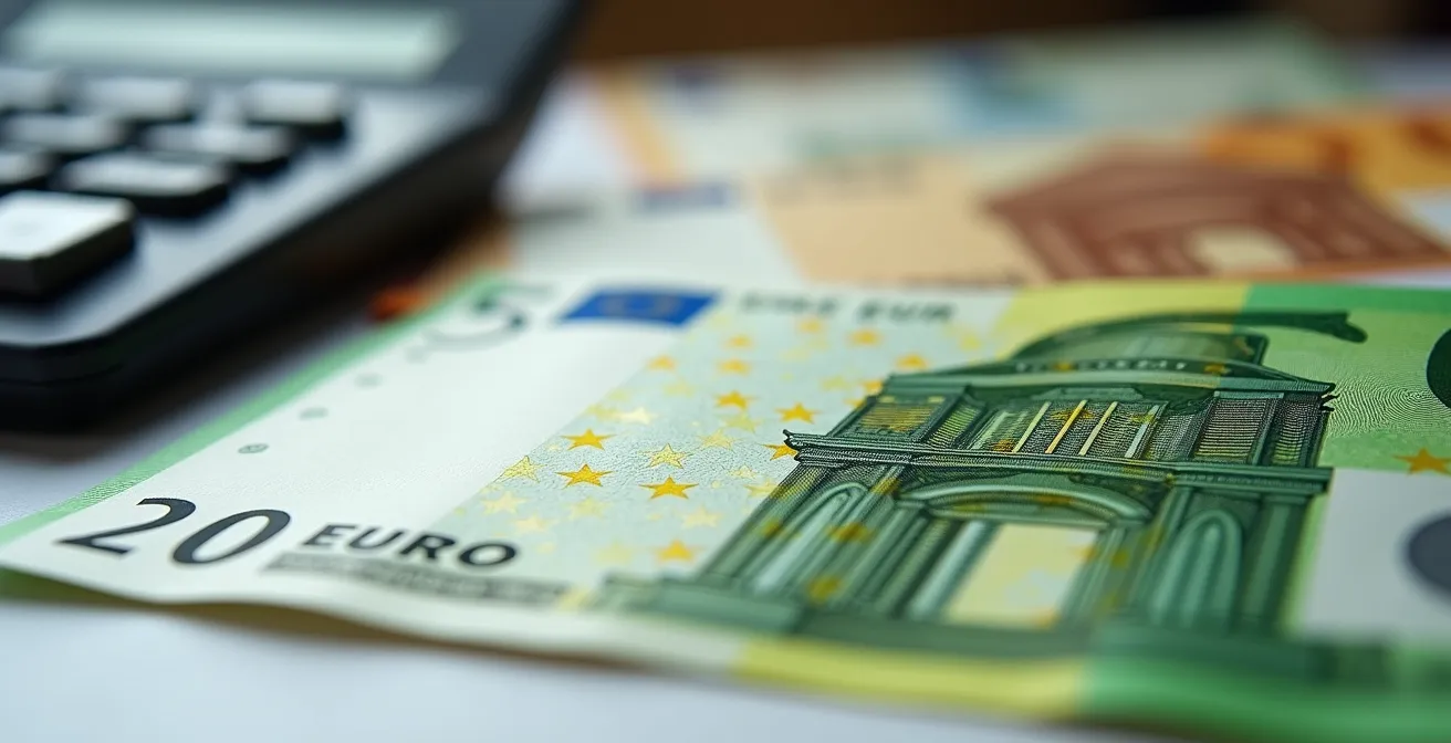 Composición macro de billetes euros con calculadora difuminada al fondo mostrando la textura del papel moneda