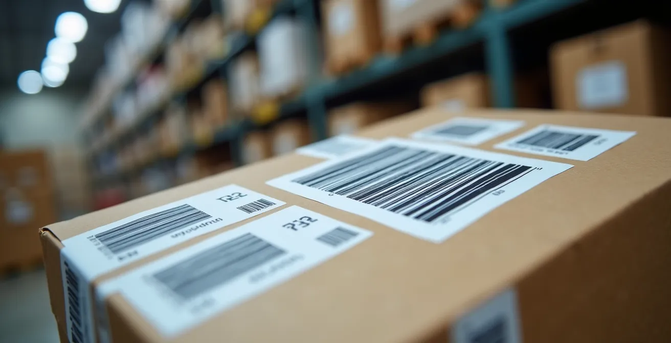 Vista macro de etiquetas de envío y códigos de barras en un almacén automatizado, simbolizando la complejidad de la gestión de inventario multicanal en marketplaces.