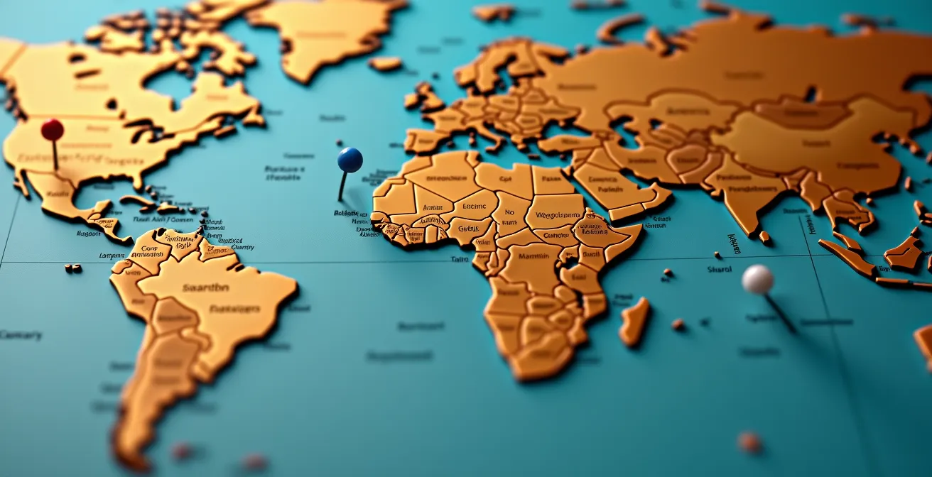 Vista macro de mapa mundial con marcadores de países prioritarios para protección de patentes