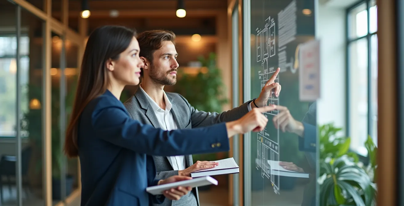 Profesionales colaborando en análisis de documentos fiscales con gráficos de flujo de trabajo