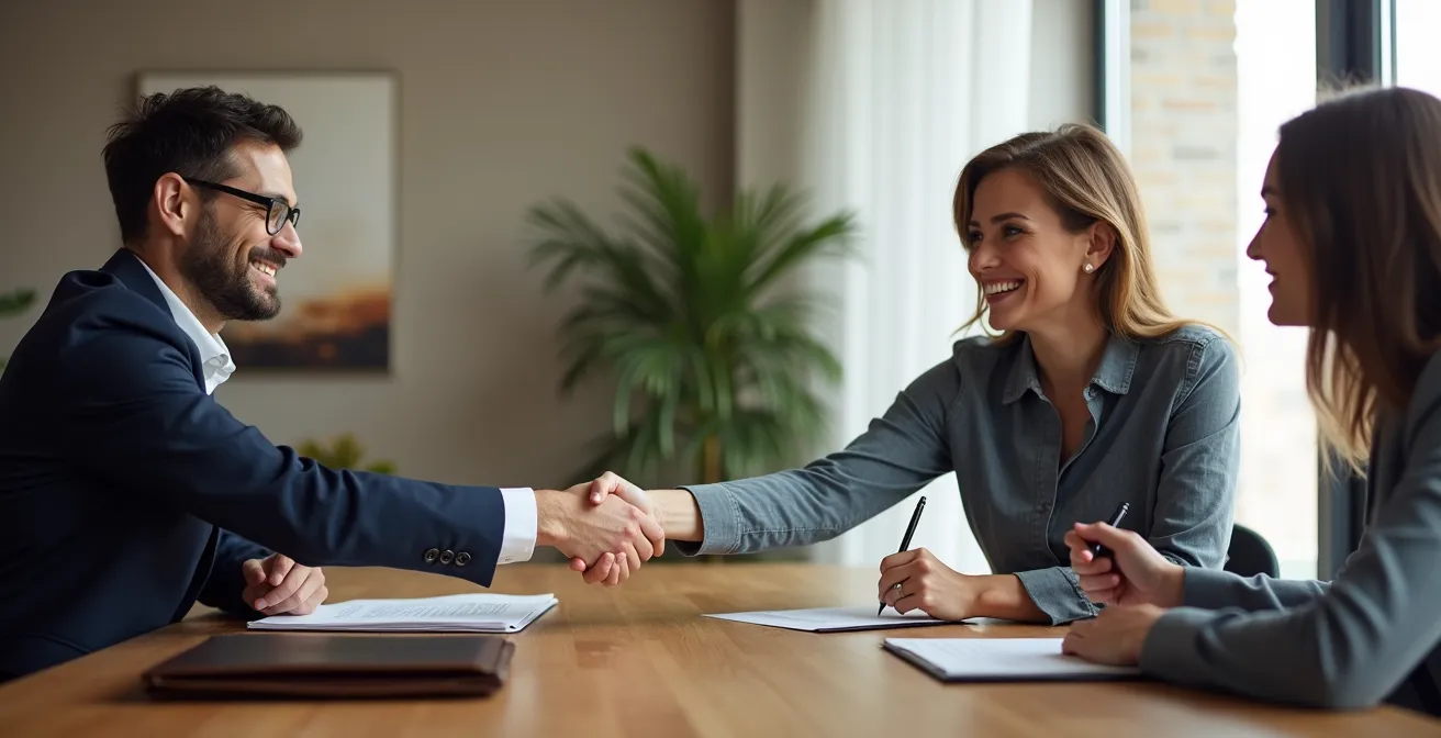 Reunión de negociación empresarial con apretón de manos y ambiente profesional