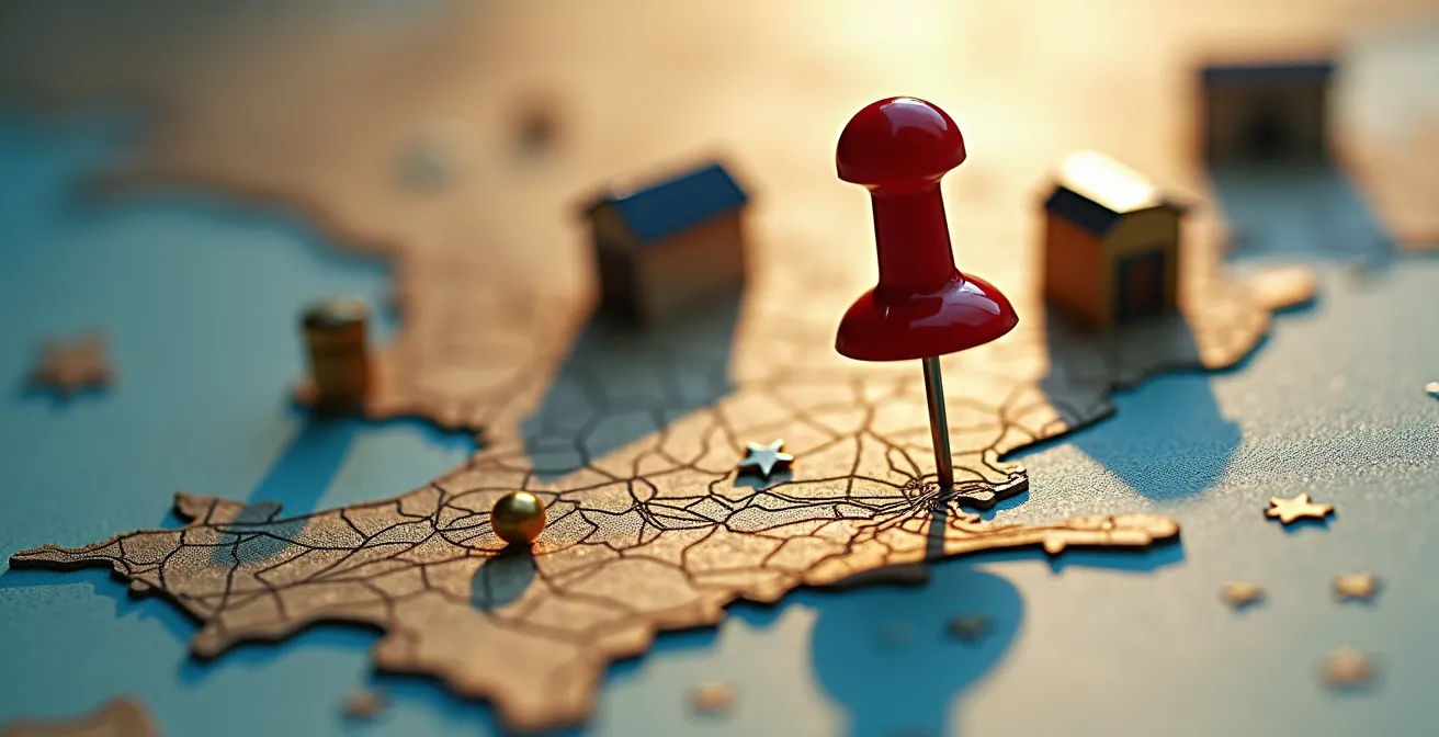 Vista macro de pin de ubicación en mapa digital con elementos de negocio local