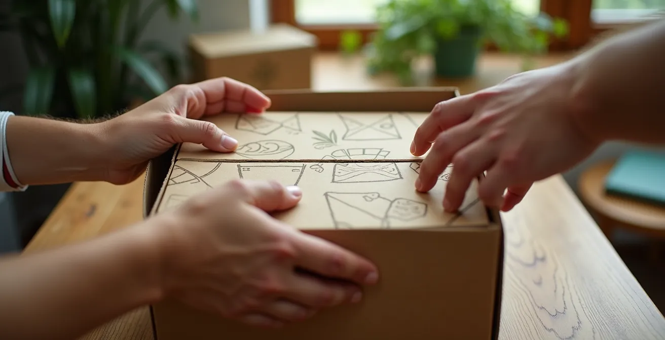 Manos abriendo una caja de envío ecológica con un diseño minimalista y materiales reciclados, reflejando un enfoque sostenible en el packaging de e-commerce.