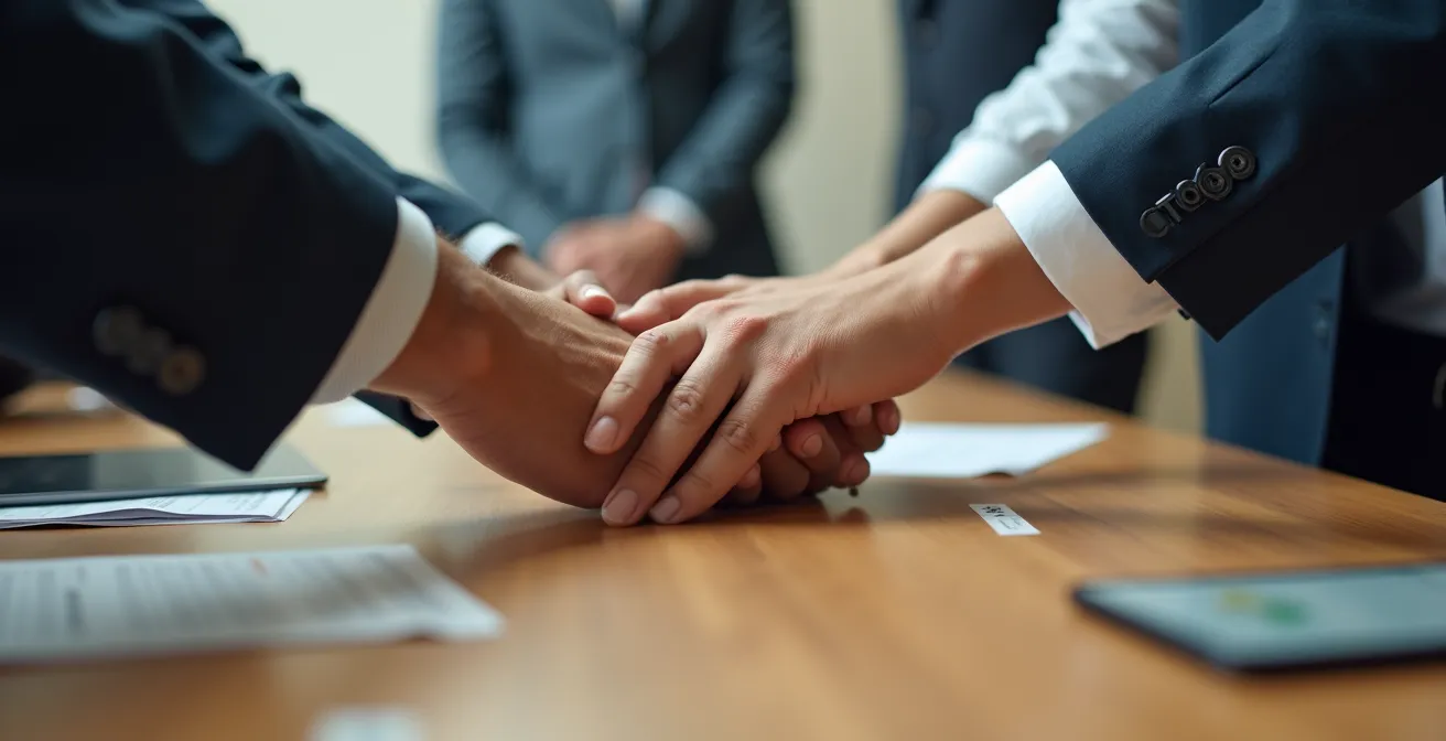 Manos de empresarios sobre mesa con documentos estratégicos