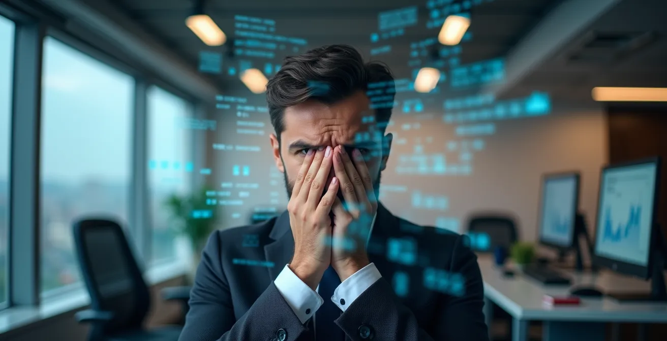 Ejecutivo abrumado frente a múltiples pantallas con gráficos de datos
