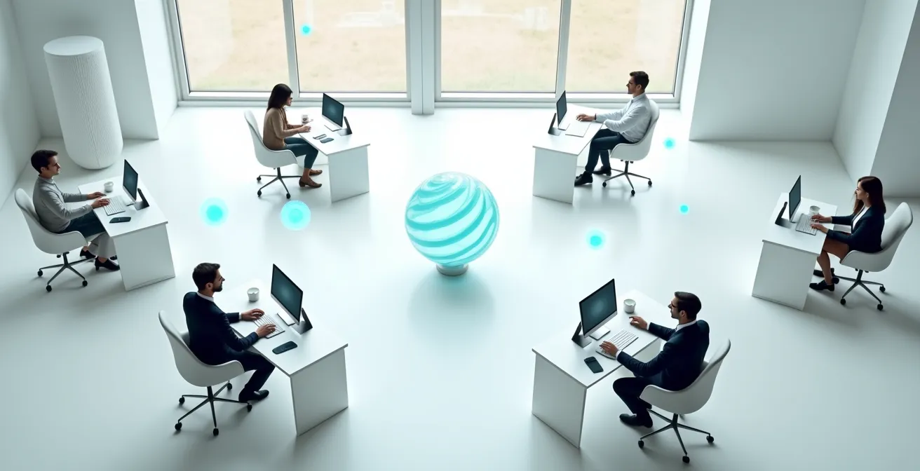 Vista aérea minimalista de un espacio de trabajo colaborativo con personas interactuando con interfaces holográficas flotantes