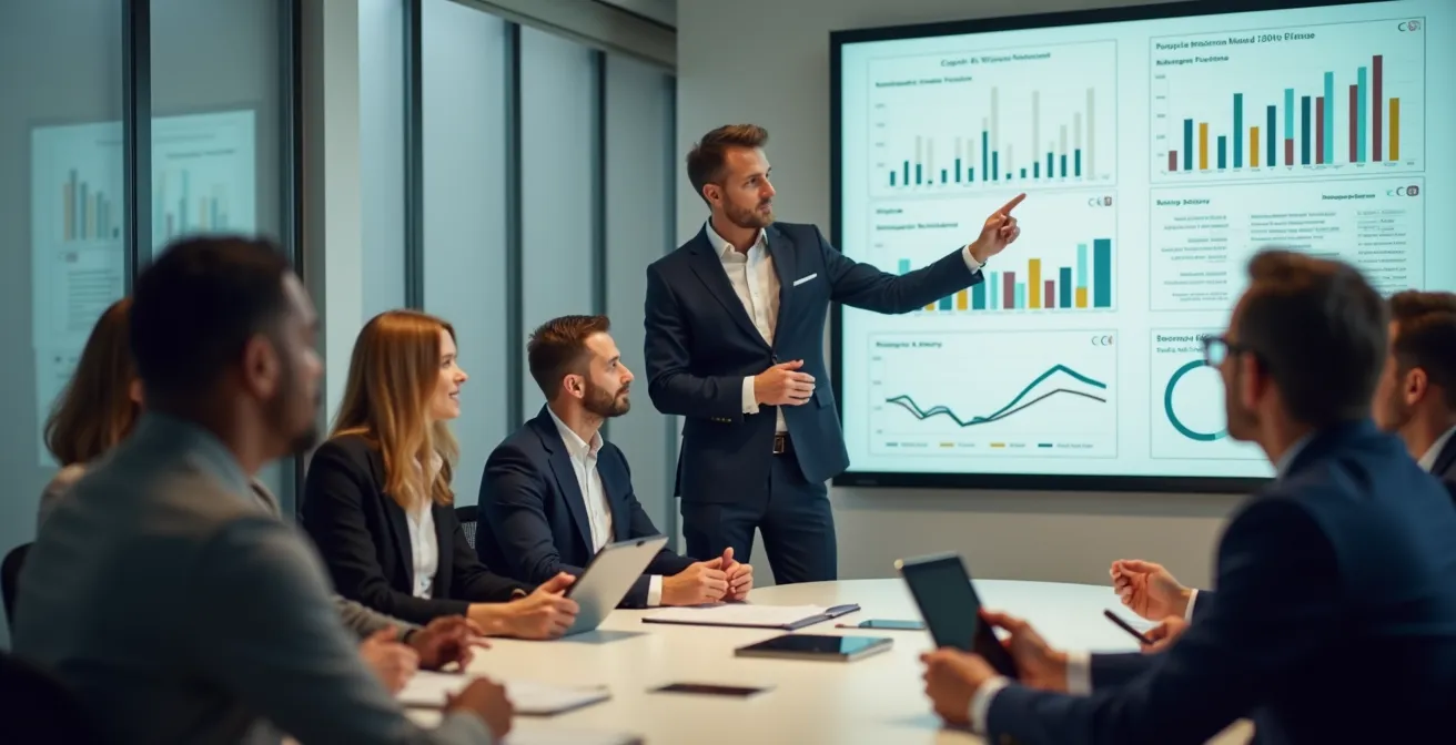Profesionales en reunión ejecutiva analizando presentación financiera estratégica