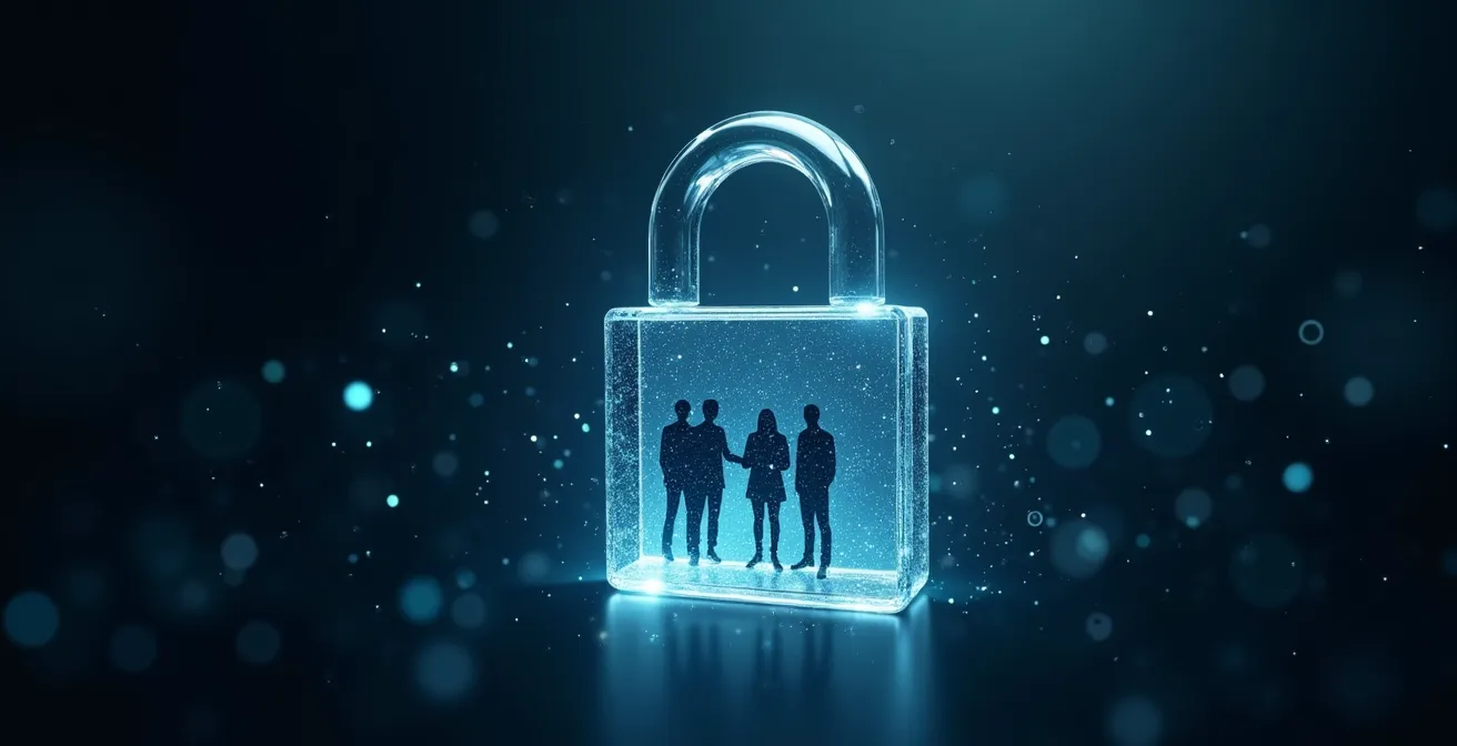 Candado digital flotante protegiendo siluetas de datos personales